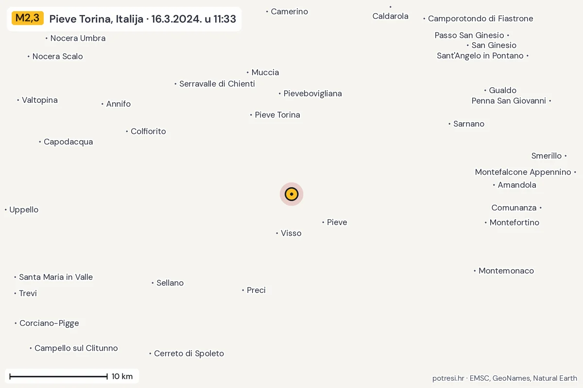 Karta: okolica epicentra, 60 km, potres M2,3, Pieve Torina, Italija, 16.3.2024.