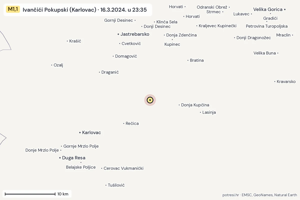 Karta: okolica epicentra, 60 km, potres M1,1, Ivančići Pokupski (Karlovac), 16.3.2024.