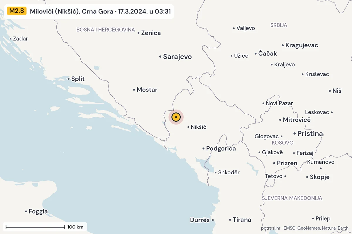 Karta: šire područje, 600 km, potres M2,8, Milovići (Nikšić), Crna Gora, 17.3.2024.