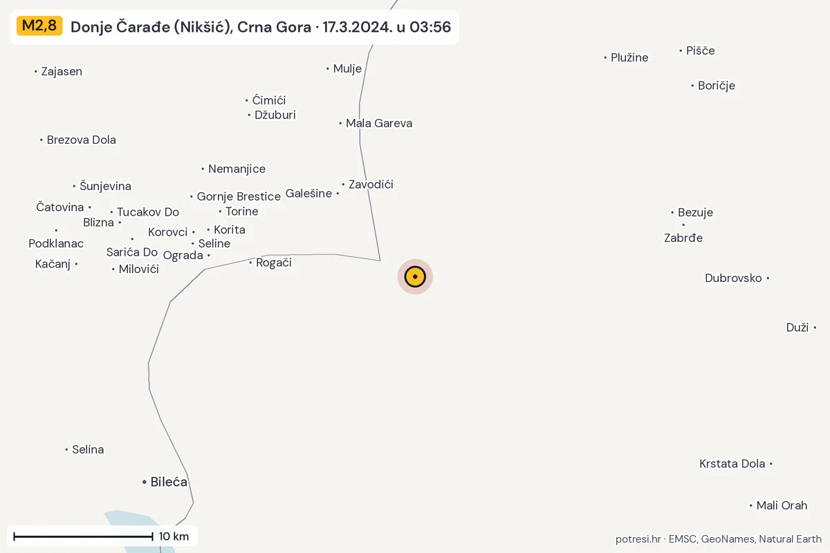 Karta: okolica epicentra, 60 km, potres M2,8, Donje Čarađe (Nikšić), Crna Gora, 17.3.2024.