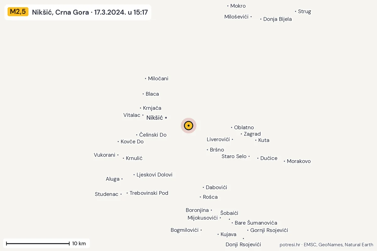 Karta: okolica epicentra, 60 km, potres M2,5, Nikšić, Crna Gora, 17.3.2024.