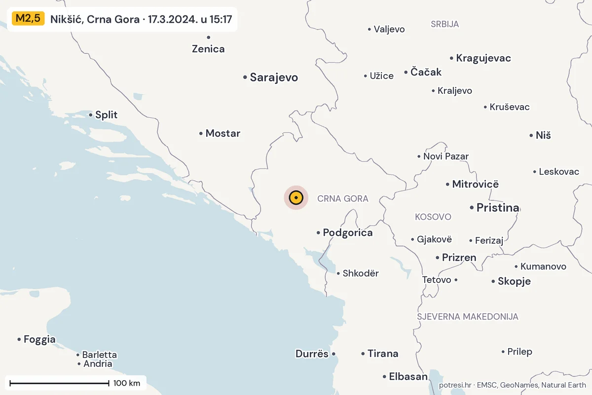 Karta: šire područje, 600 km, potres M2,5, Nikšić, Crna Gora, 17.3.2024.