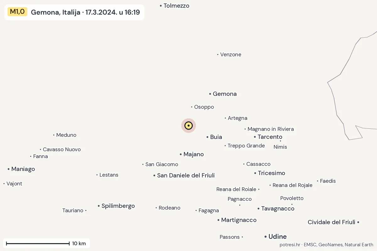 Karta: okolica epicentra, 60 km, potres M1,0, Gemona, Italija, 17.3.2024.