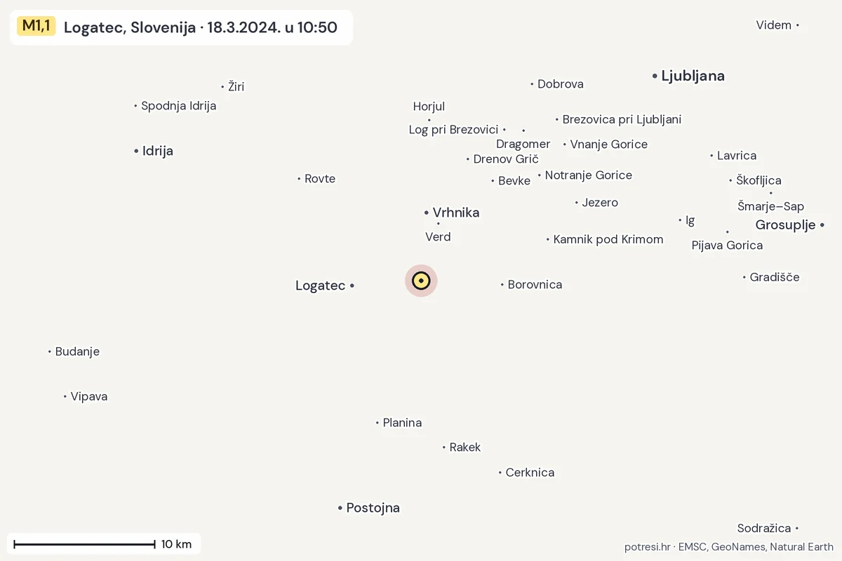 Karta: okolica epicentra, 60 km, potres M1,1, Logatec, Slovenija, 18.3.2024.