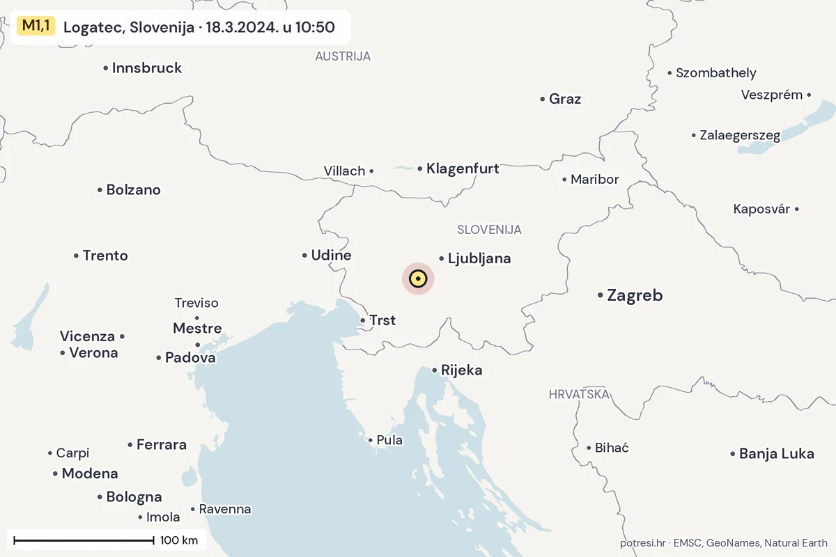 Karta: šire područje, 600 km, potres M1,1, Logatec, Slovenija, 18.3.2024.
