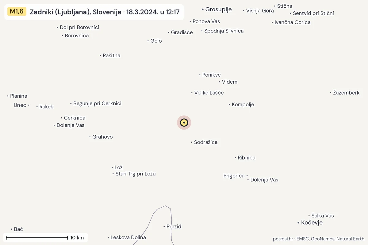 Karta: okolica epicentra, 60 km, potres M1,6, Zadniki (Ljubljana), Slovenija, 18.3.2024.
