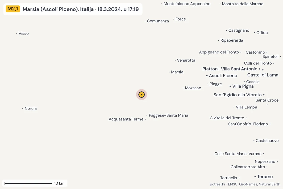 Karta: okolica epicentra, 60 km, potres M2,1, Marsia (Ascoli Piceno), Italija, 18.3.2024.