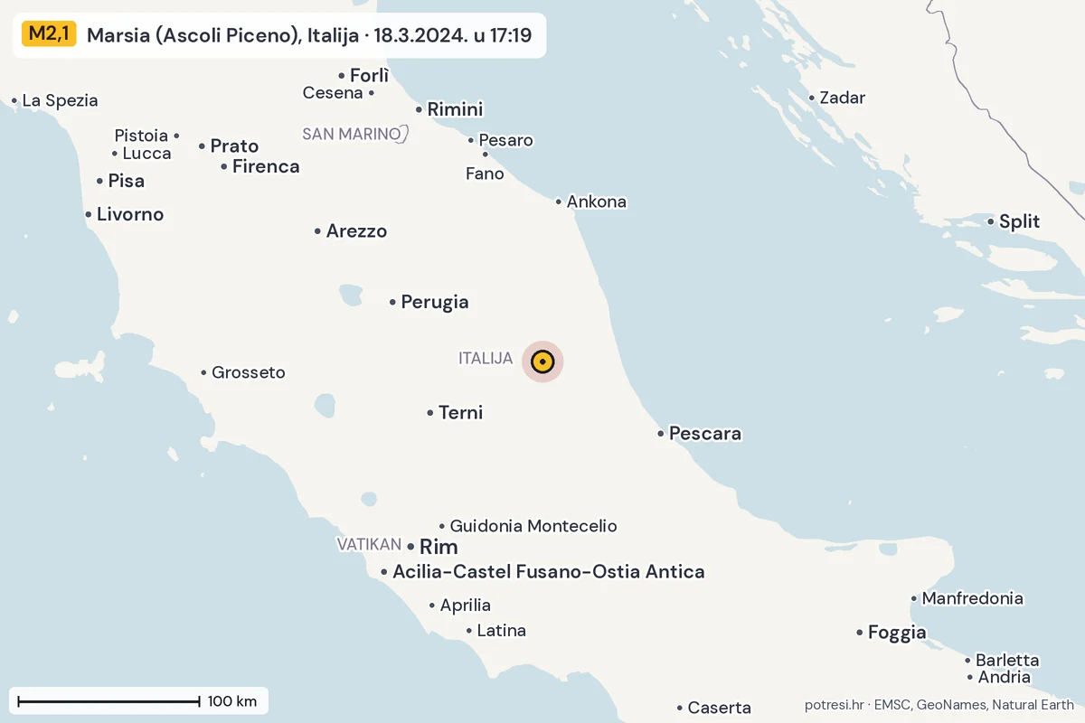 Karta: šire područje, 600 km, potres M2,1, Marsia (Ascoli Piceno), Italija, 18.3.2024.