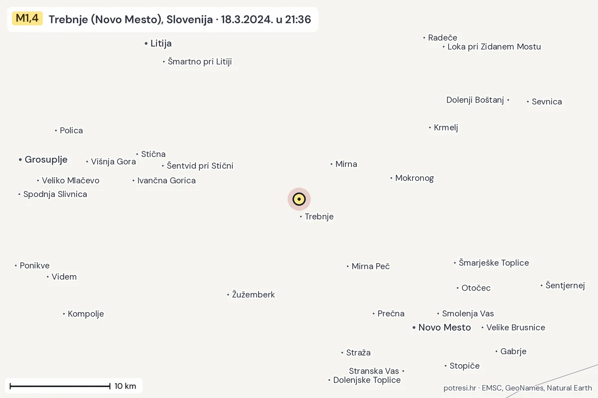 Karta: okolica epicentra, 60 km, potres M1,4, Trebnje (Novo Mesto), Slovenija, 18.3.2024.