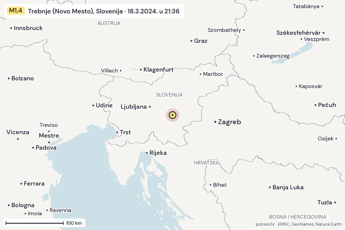 Karta: šire područje, 600 km, potres M1,4, Trebnje (Novo Mesto), Slovenija, 18.3.2024.