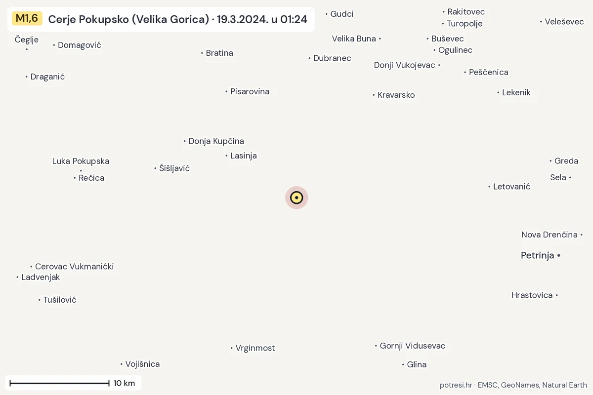Karta: okolica epicentra, 60 km, potres M1,6, Cerje Pokupsko (Velika Gorica), 19.3.2024.