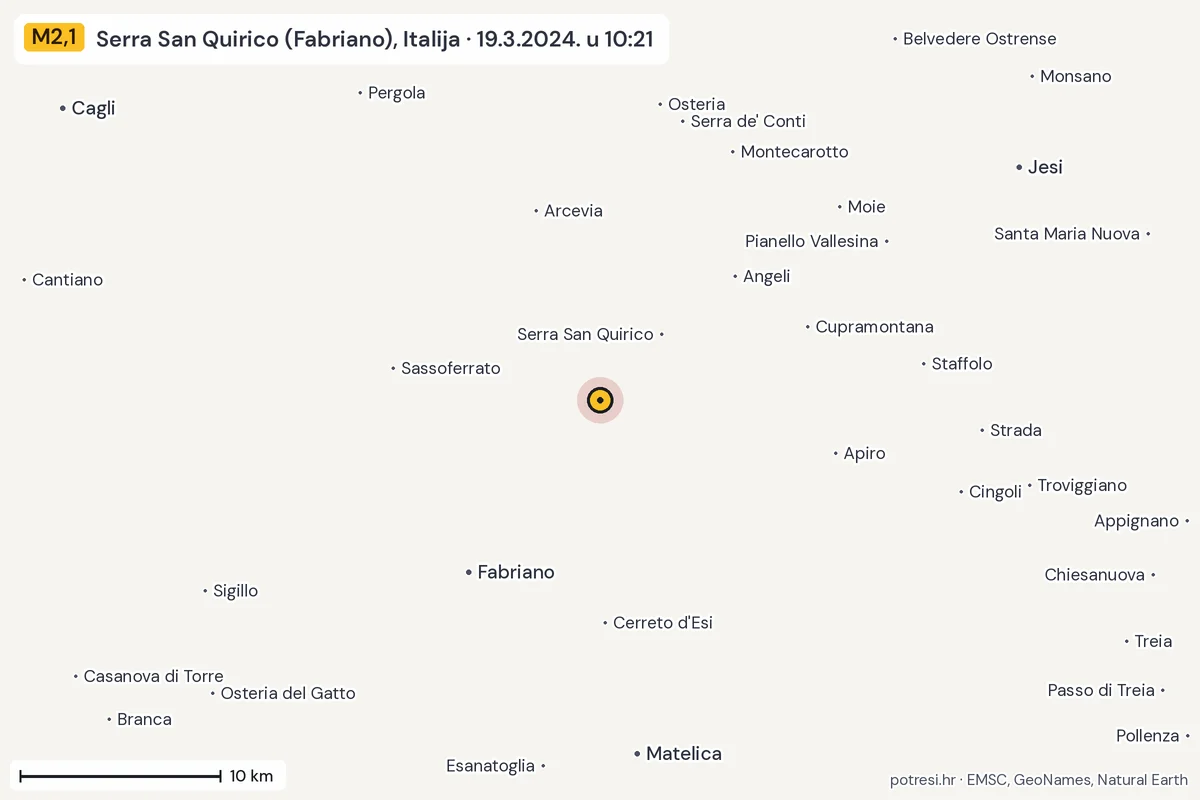 Karta: okolica epicentra, 60 km, potres M2,1, Serra San Quirico (Fabriano), Italija, 19.3.2024.