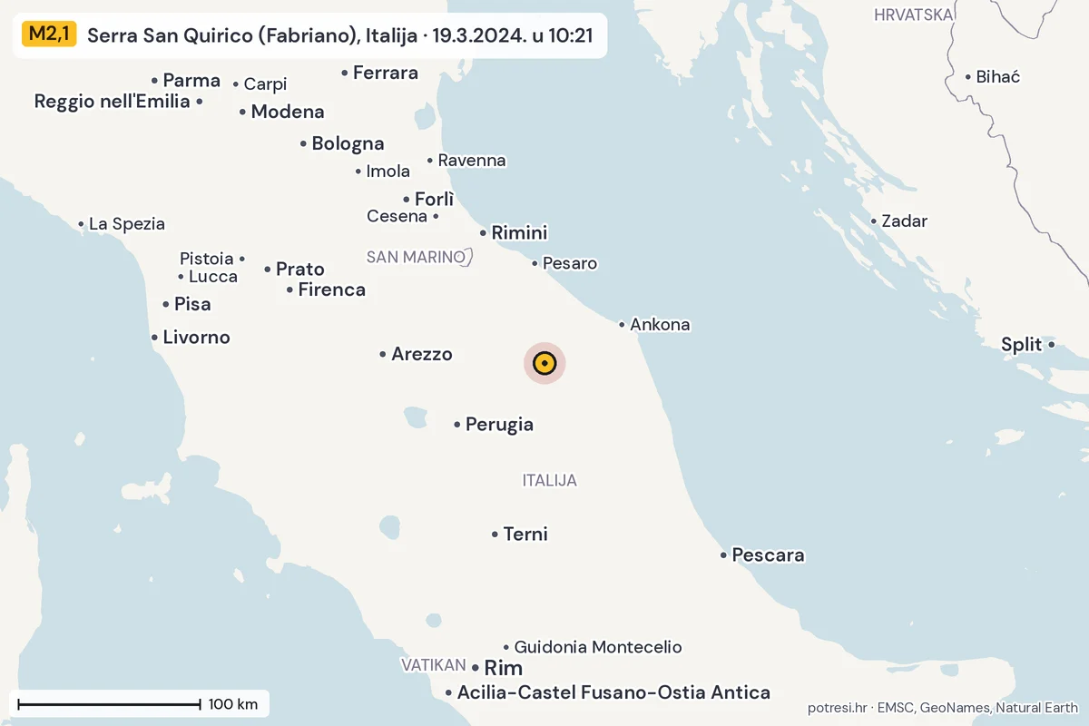 Karta: šire područje, 600 km, potres M2,1, Serra San Quirico (Fabriano), Italija, 19.3.2024.