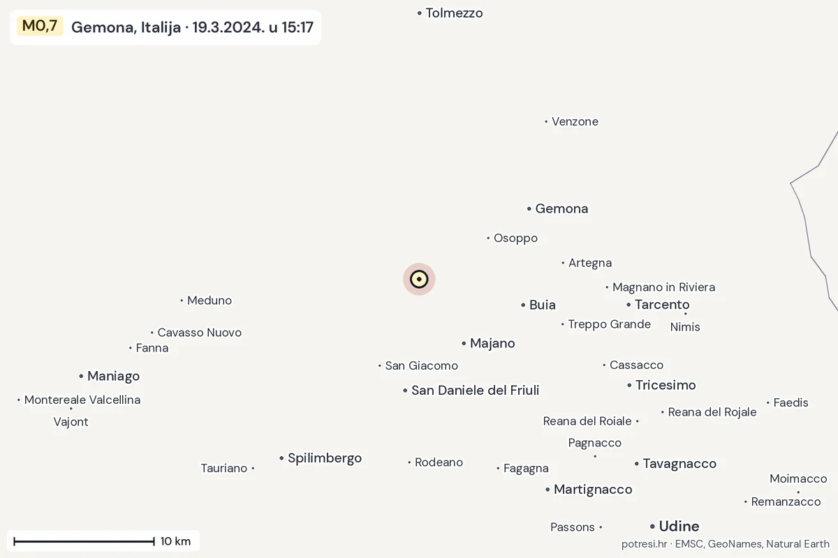 Karta: okolica epicentra, 60 km, potres M0,7, Gemona, Italija, 19.3.2024.