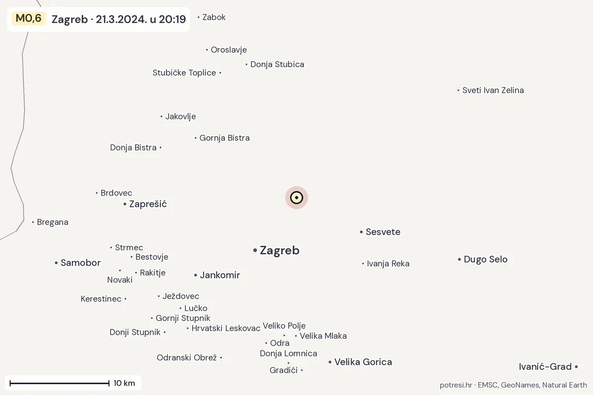 Karta: okolica epicentra, 60 km, potres M0,6, Zagreb, 21.3.2024.