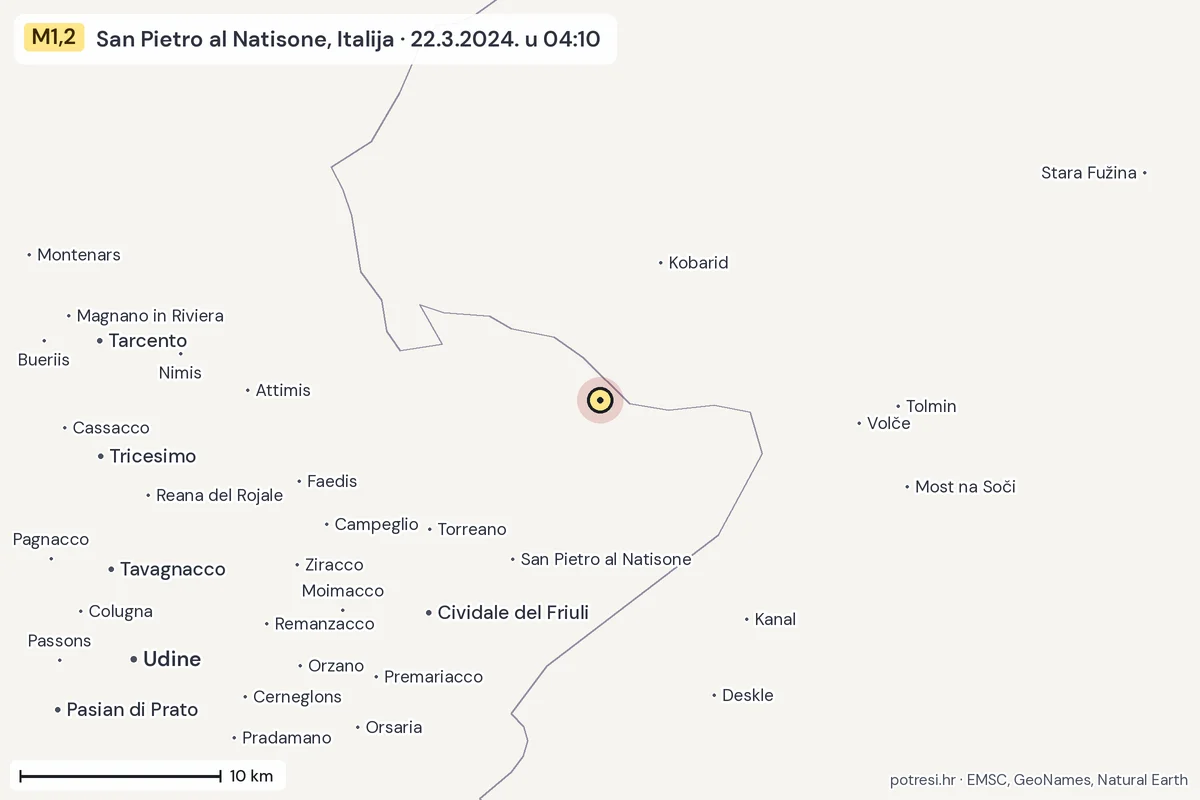 Karta: okolica epicentra, 60 km, potres M1,2, San Pietro al Natisone, Italija, 22.3.2024.