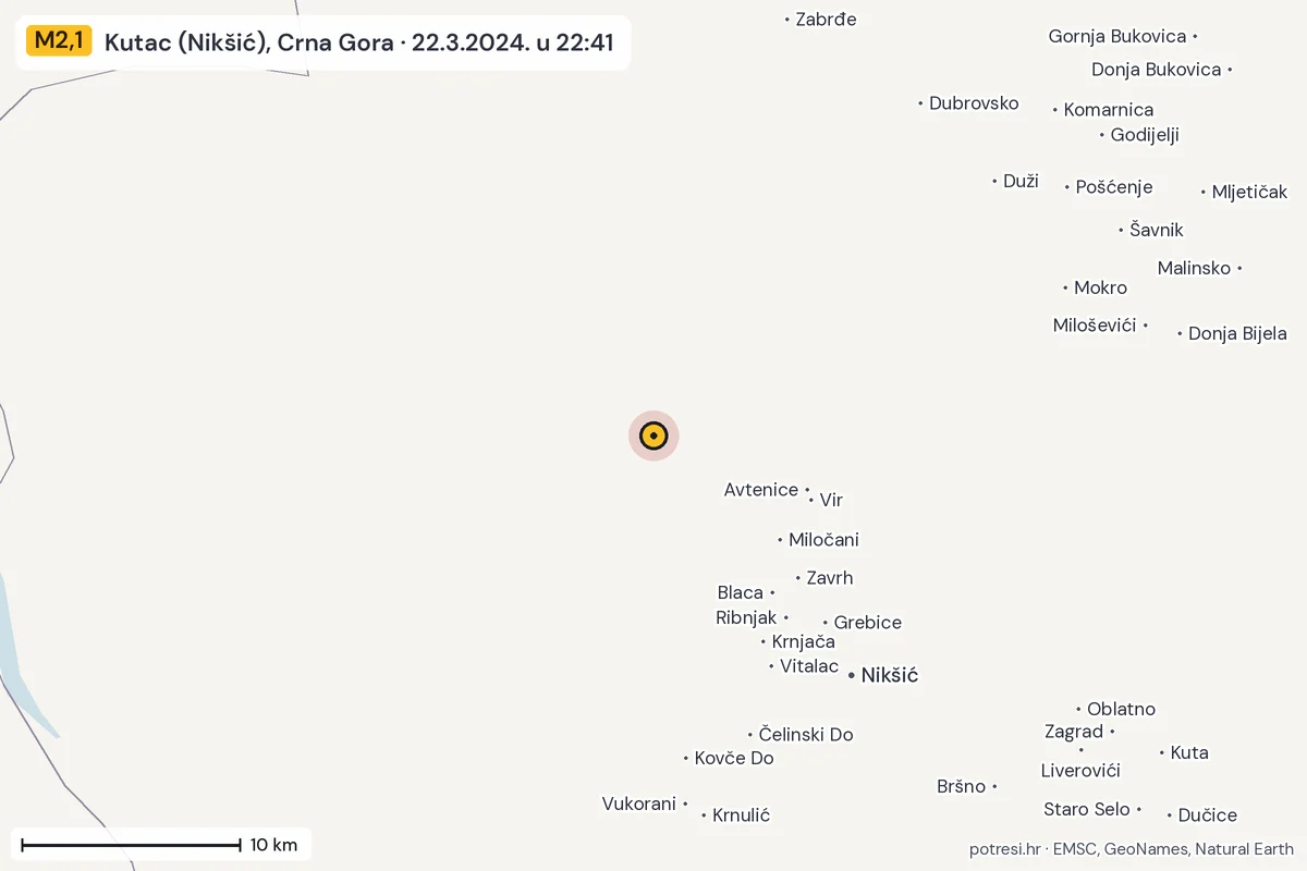 Karta: okolica epicentra, 60 km, potres M2,1, Kutac (Nikšić), Crna Gora, 22.3.2024.