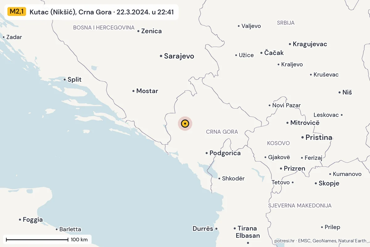Karta: šire područje, 600 km, potres M2,1, Kutac (Nikšić), Crna Gora, 22.3.2024.