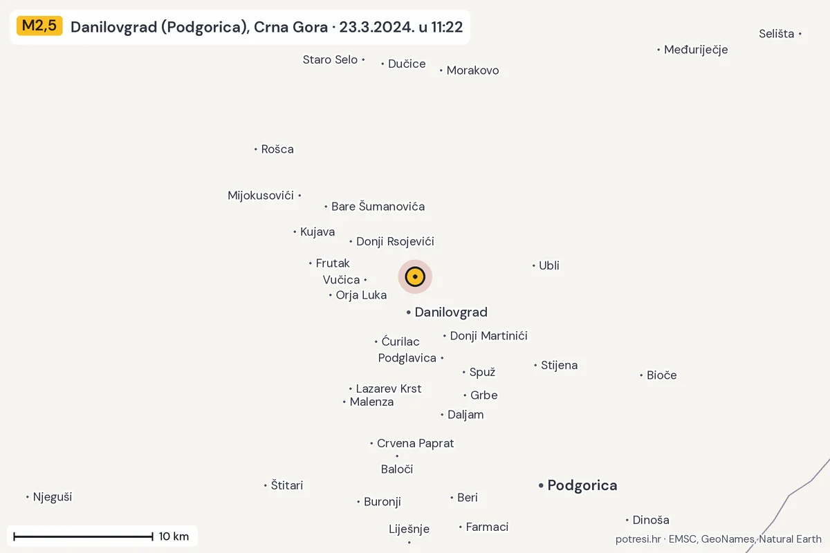 Karta: okolica epicentra, 60 km, potres M2,5, Danilovgrad (Podgorica), Crna Gora, 23.3.2024.