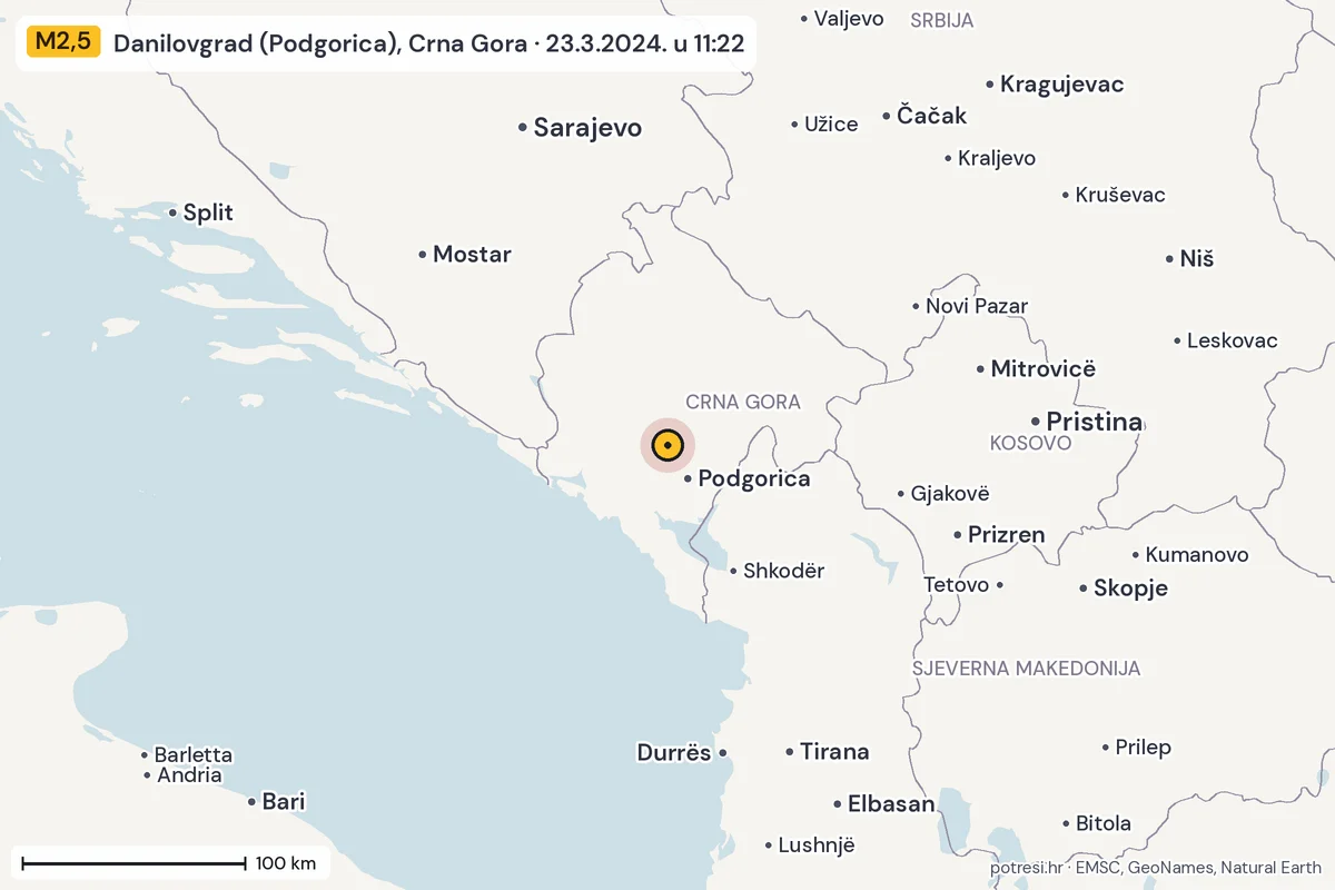 Karta: šire područje, 600 km, potres M2,5, Danilovgrad (Podgorica), Crna Gora, 23.3.2024.