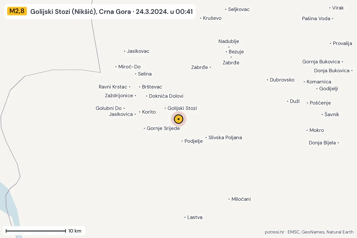 Karta: okolica epicentra, 60 km, potres M2,8, Golijski Stozi (Nikšić), Crna Gora, 24.3.2024.