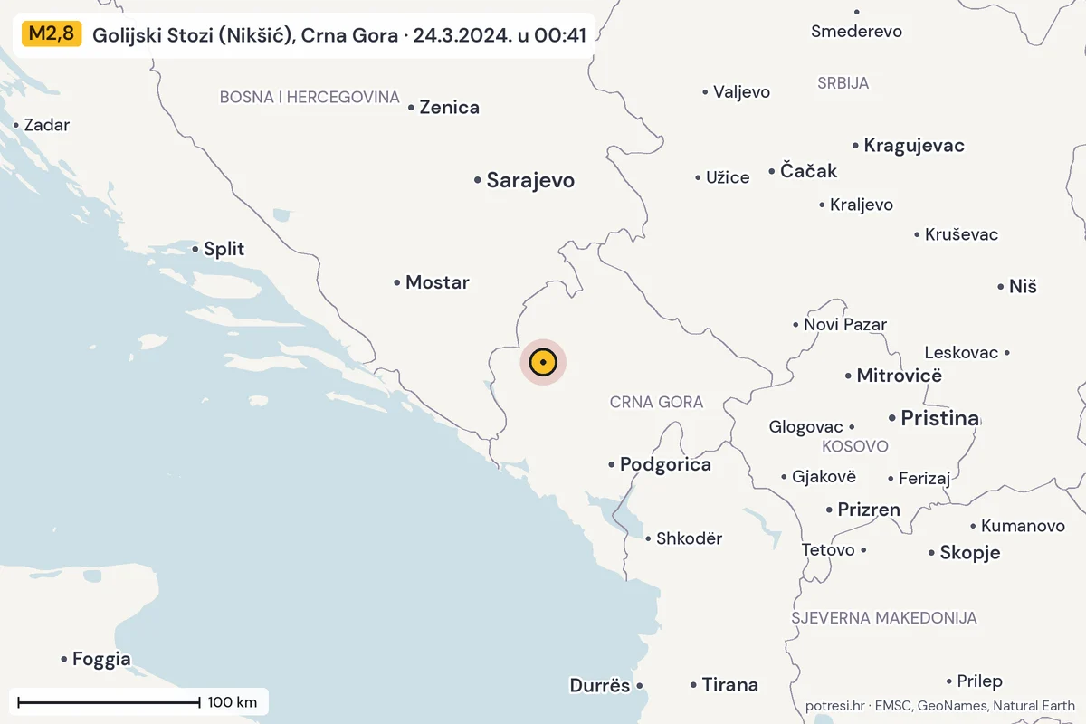 Karta: šire područje, 600 km, potres M2,8, Golijski Stozi (Nikšić), Crna Gora, 24.3.2024.