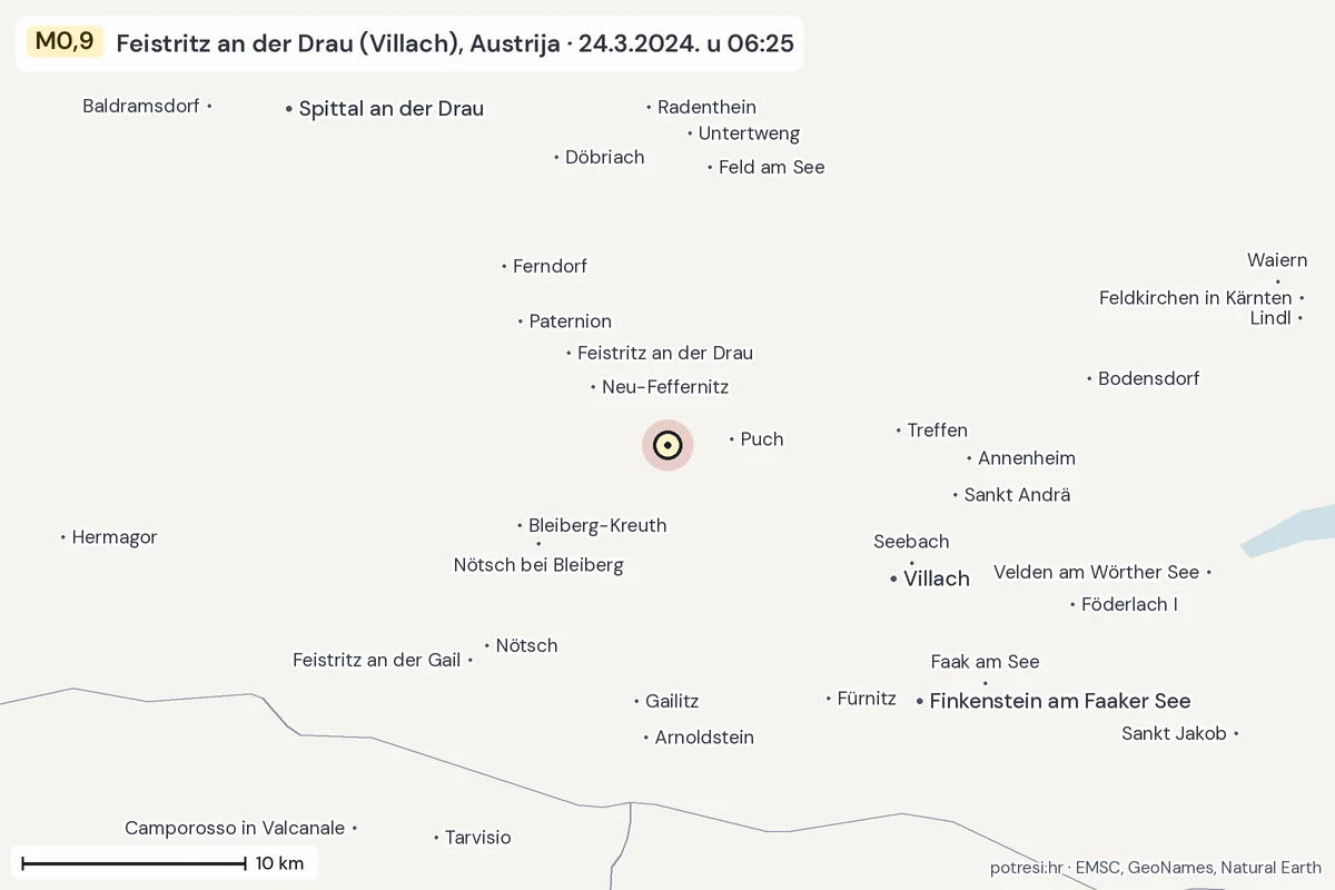 Karta: okolica epicentra, 60 km, potres M0,9, Feistritz an der Drau (Villach), Austrija, 24.3.2024.