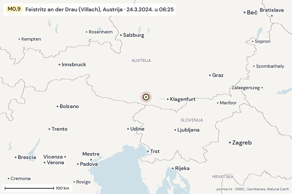 Karta: šire područje, 600 km, potres M0,9, Feistritz an der Drau (Villach), Austrija, 24.3.2024.
