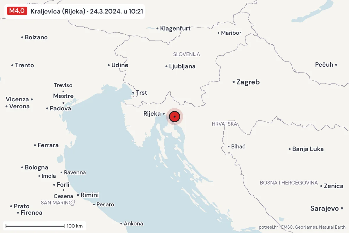 Karta: šire područje, 600 km, potres M4,0, Kraljevica (Rijeka), 24.3.2024.