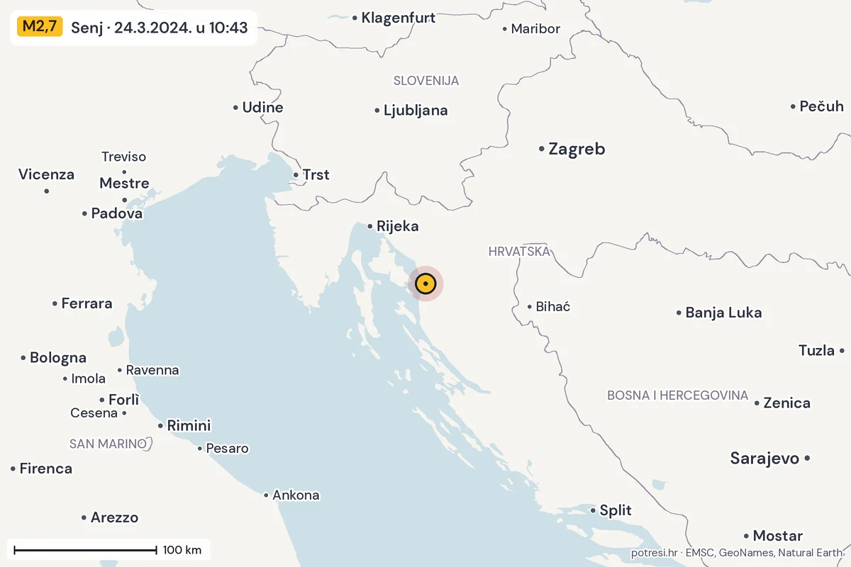 Karta: šire područje, 600 km, potres M2,7, Senj, 24.3.2024.