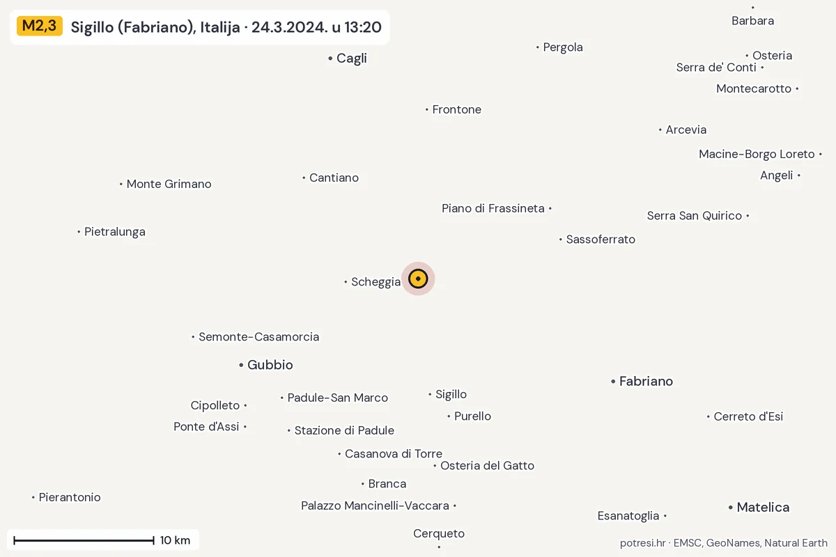 Karta: okolica epicentra, 60 km, potres M2,3, Sigillo (Fabriano), Italija, 24.3.2024.