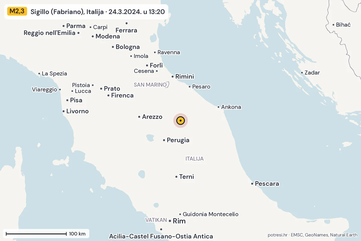 Karta: šire područje, 600 km, potres M2,3, Sigillo (Fabriano), Italija, 24.3.2024.