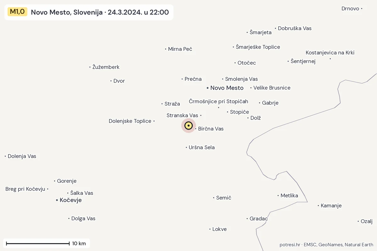 Karta: okolica epicentra, 60 km, potres M1,0, Novo Mesto, Slovenija, 24.3.2024.