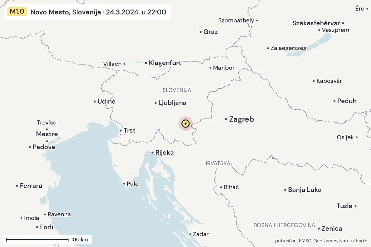 Karta: šire područje, 600 km, potres M1,0, Novo Mesto, Slovenija, 24.3.2024.