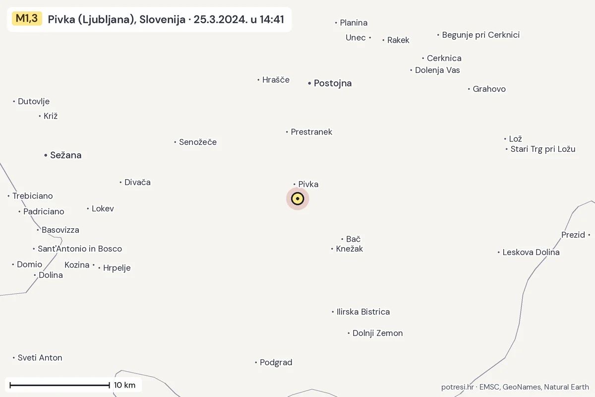 Karta: okolica epicentra, 60 km, potres M1,3, Pivka (Ljubljana), Slovenija, 25.3.2024.