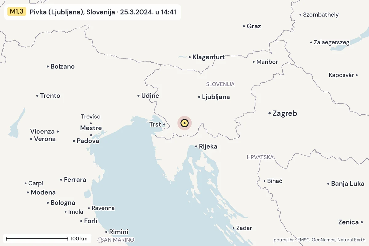Karta: šire područje, 600 km, potres M1,3, Pivka (Ljubljana), Slovenija, 25.3.2024.