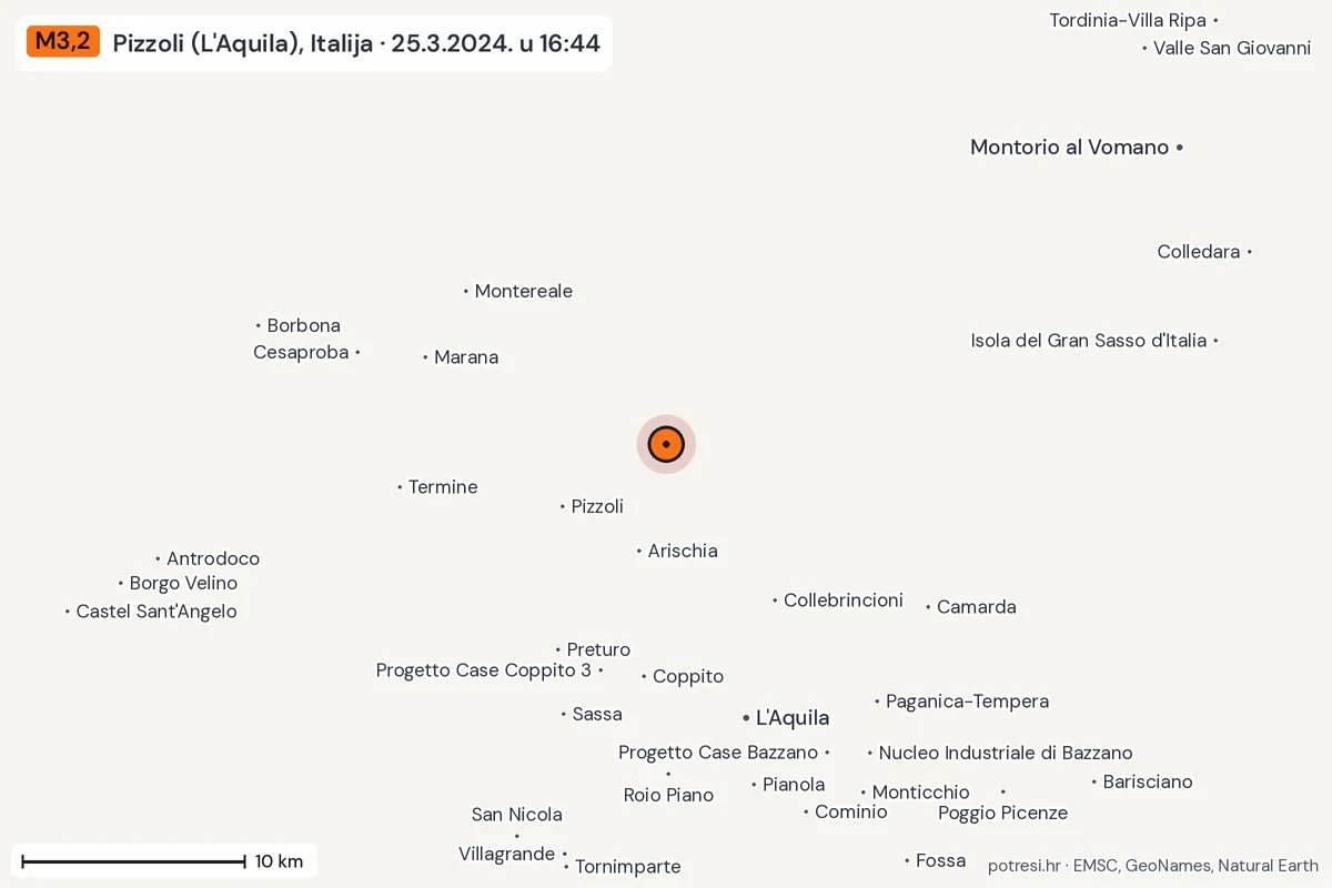 Karta: okolica epicentra, 60 km, potres M3,2, Pizzoli (L'Aquila), Italija, 25.3.2024.
