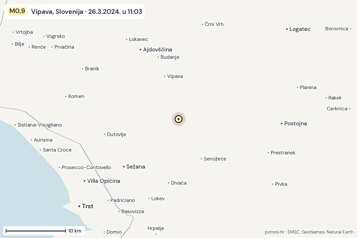 Karta: okolica epicentra, 60 km, potres M0,9, Vipava, Slovenija, 26.3.2024.