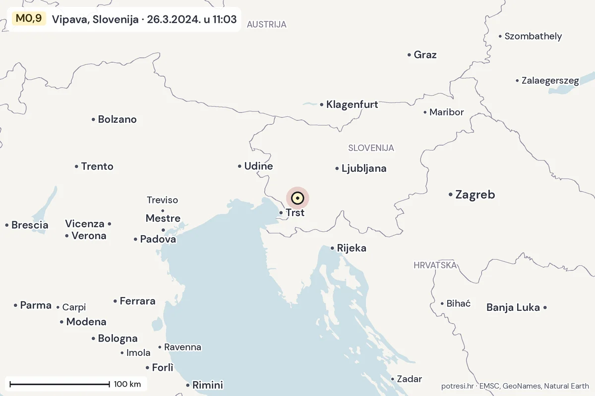 Karta: šire područje, 600 km, potres M0,9, Vipava, Slovenija, 26.3.2024.