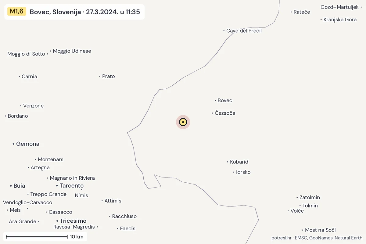 Karta: okolica epicentra, 60 km, potres M1,6, Bovec, Slovenija, 27.3.2024.