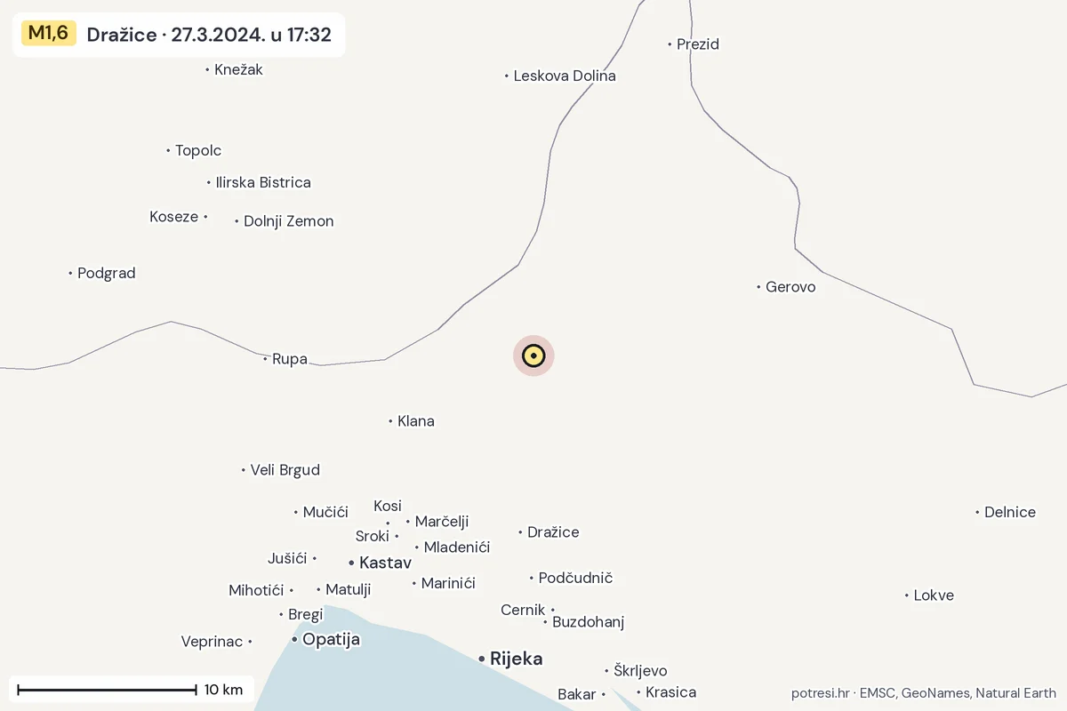 Karta: okolica epicentra, 60 km, potres M1,6, Dražice, 27.3.2024.