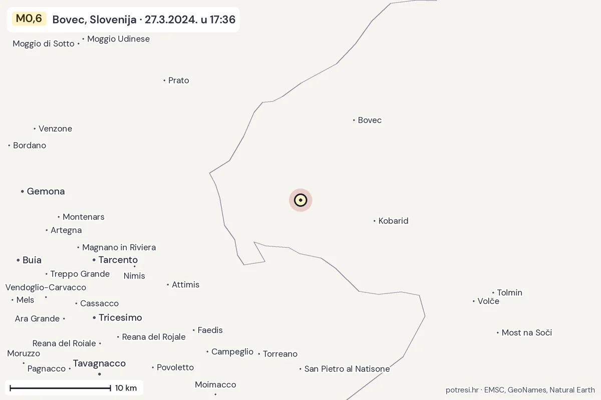 Karta: okolica epicentra, 60 km, potres M0,6, Bovec, Slovenija, 27.3.2024.