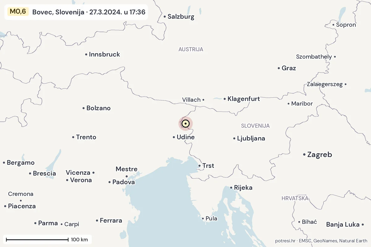 Karta: šire područje, 600 km, potres M0,6, Bovec, Slovenija, 27.3.2024.