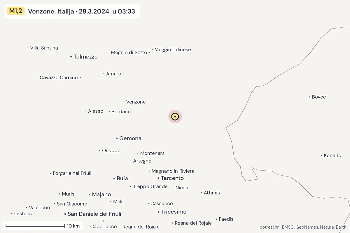 Karta: okolica epicentra, 60 km, potres M1,2, Venzone, Italija, 28.3.2024.
