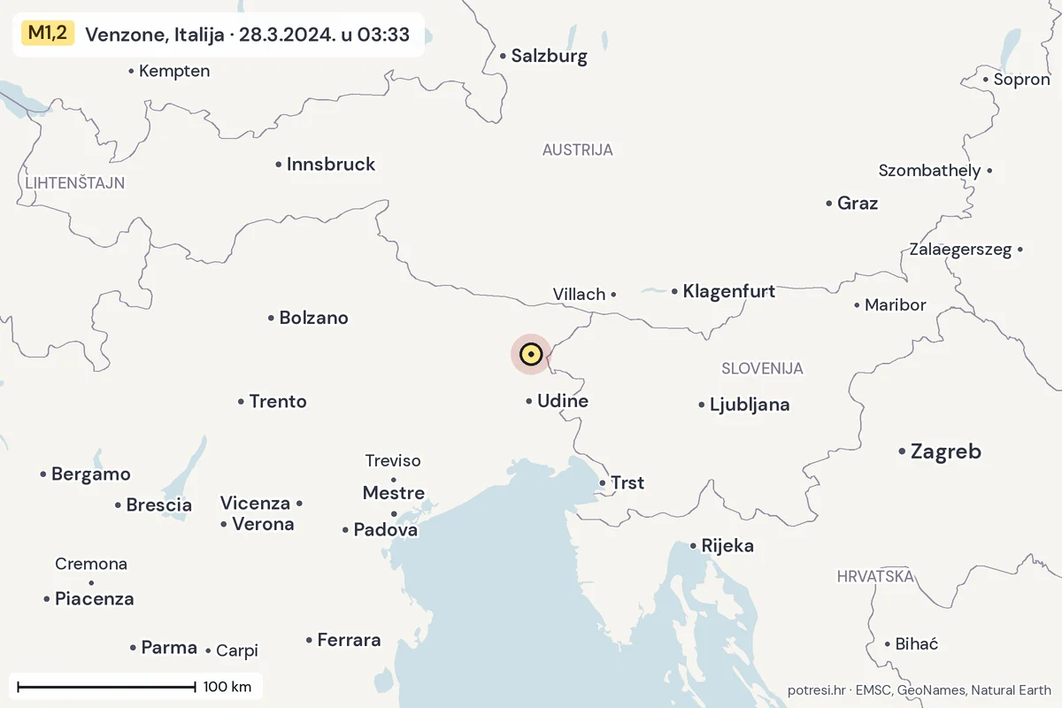 Karta: šire područje, 600 km, potres M1,2, Venzone, Italija, 28.3.2024.