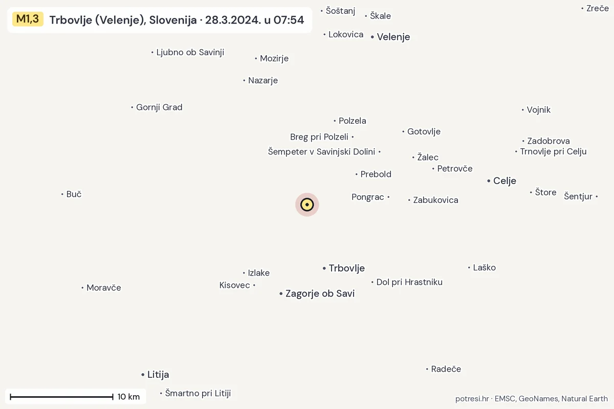 Karta: okolica epicentra, 60 km, potres M1,3, Trbovlje (Velenje), Slovenija, 28.3.2024.