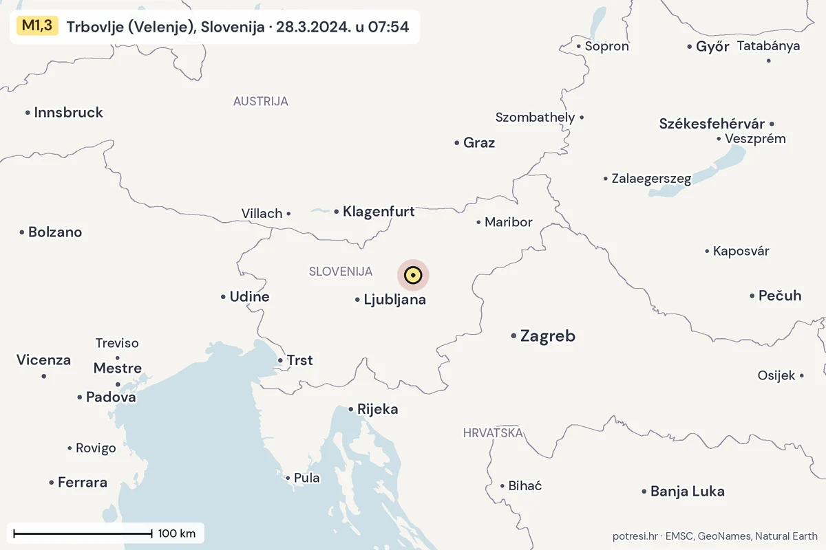 Karta: šire područje, 600 km, potres M1,3, Trbovlje (Velenje), Slovenija, 28.3.2024.