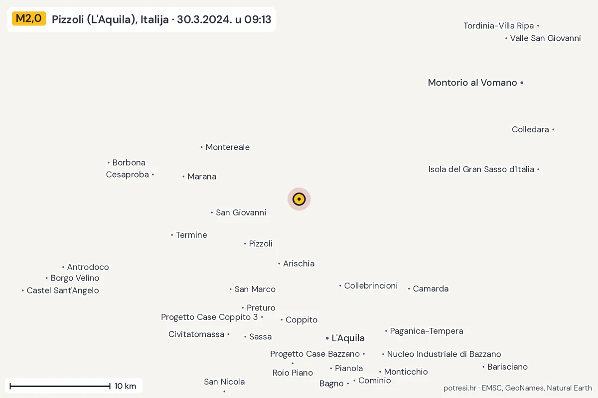 Karta: okolica epicentra, 60 km, potres M2,0, Pizzoli (L'Aquila), Italija, 30.3.2024.