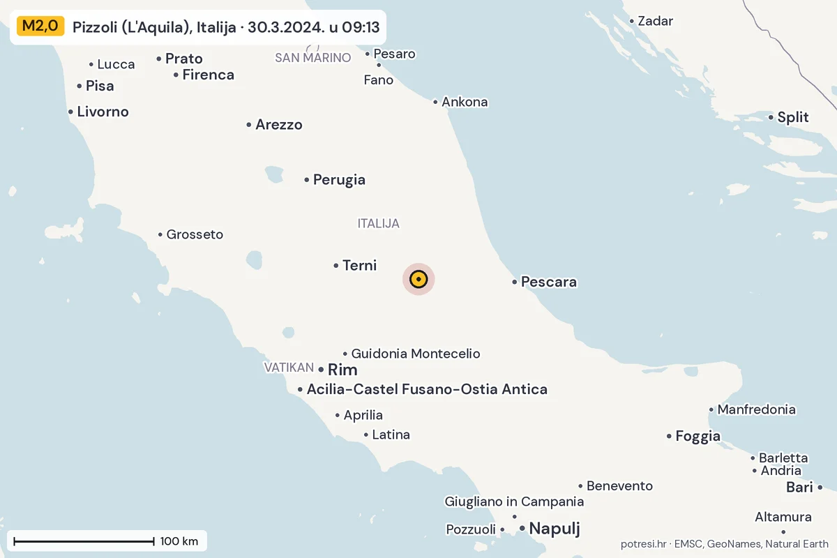 Karta: šire područje, 600 km, potres M2,0, Pizzoli (L'Aquila), Italija, 30.3.2024.
