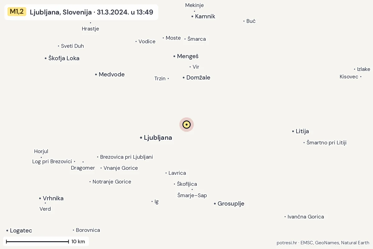 Karta: okolica epicentra, 60 km, potres M1,2, Ljubljana, Slovenija, 31.3.2024.